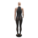 Women Sexy Mesh Beaded See-Through Sleeveless Jumpsuit