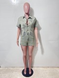 Women Stretch Short Sleeve Washed Denim Jumpsuit