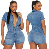 Women Stretch Short Sleeve Washed Denim Jumpsuit