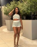 Fashion Casual Summer Contrast Color Knitting Short Sleeve Two Piece Shorts Set