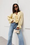 Women Spring ruffled Bell Bottom sleeve V neck lace shirt