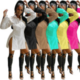Women's Solid Color Single-Breasted Slit Long Sleeves Shirt Dress