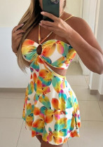 Summer print sexy Strapless Halter Neck hollow dress women's wear
