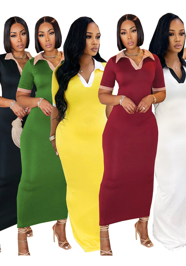 Female Turndown Collar Short Sleeve Slim Fit Long Dress