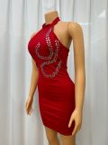 Solid color Halter Neck diamond Low Back Bodycon evening dress for women