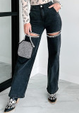 Fashion Women's Washed Multi-Pocket Hollow Diamond Washed Denim Pants