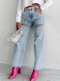 Fashion Women's Washed Multi-Pocket Hollow Diamond Washed Denim Pants
