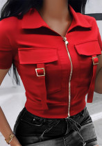Women's Red Short-sleeved Casual Patch Pocket Turndown Collar Shirt Top