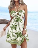 Summer print sexy Strapless Halter Neck hollow dress women's wear