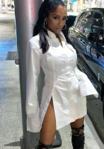 Women's Solid Color Single-Breasted Slit Long Sleeves Shirt Dress
