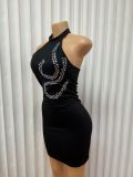 Solid color Halter Neck diamond Low Back Bodycon evening dress for women