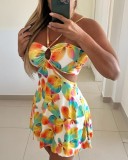 Summer print sexy Strapless Halter Neck hollow dress women's wear