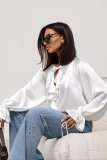 Women Spring ruffled Bell Bottom sleeve V neck lace shirt