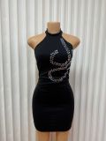 Solid color Halter Neck diamond Low Back Bodycon evening dress for women