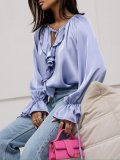 Women Spring ruffled Bell Bottom sleeve V neck lace shirt