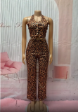 Fashion Leopard Print Sexy Sleeveless Two Piece Loose Pants Set