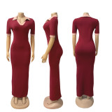 Female Turndown Collar Short Sleeve Slim Fit Long Dress