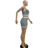 Fashion Casual Summer Contrast Color Knitting Short Sleeve Two Piece Shorts Set