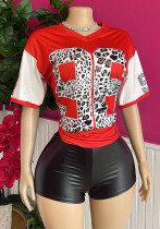 leopard print ladies sexy summer loose pullover sports T-shirt Shorts  two-piece set