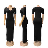 Female Turndown Collar Short Sleeve Slim Fit Long Dress