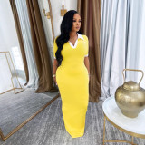 Female Turndown Collar Short Sleeve Slim Fit Long Dress