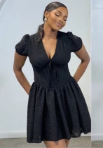 Women's clothing sexy hollow Lace-Up Slim Waist V-neck short-sleeved solid color dress
