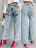 Fashion Women's Washed Multi-Pocket Hollow Diamond Washed Denim Pants