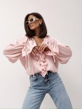 Women Spring ruffled Bell Bottom sleeve V neck lace shirt