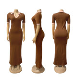 Female Turndown Collar Short Sleeve Slim Fit Long Dress