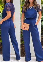 Women's Solid Color Short-sleeved Lace Patchwork Elastic Waist Casual Jumpsuit Women's Solid Color Short-sleeved Lace Patchwork Elastic Waist Casual Jumpsuit