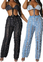 Spring Summer Women's Ripped Tassel Solid Color Wide Leg Pants Spring Summer Women's Ripped Tassel Solid Color Wide Leg Pants