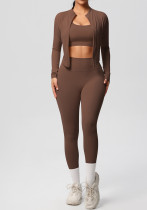 women Solid color Tight Fitting sports Three-Piece running fitness yoga clothes set