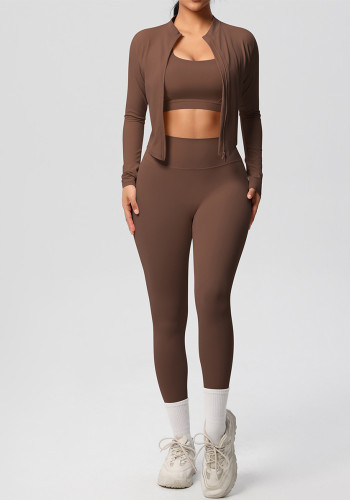 women Solid color Tight Fitting sports Three-Piece running fitness yoga clothes set