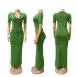 Female Turndown Collar Short Sleeve Slim Fit Long Dress