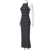 Women Summer Backless Lace-Up Stretch Stripe Halter Neck Dress