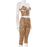Women Spring and Summer Leopard lace Suspender Wave Edge Top and Knee-Length Shorts Two Piece Set