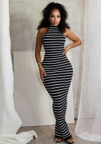 Women Summer Backless Lace-Up Stretch Stripe Halter Neck Dress