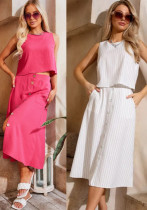 Women Casual Solid Round Neck Top and Skirt Two Piece Set