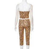 Women Spring and Summer Leopard lace Suspender Wave Edge Top and Knee-Length Shorts Two Piece Set