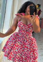 Women spring elegant floral suspender bow dress