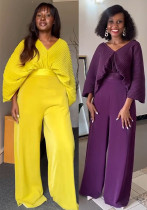 Women Pleated V-Neck Bat Sleeves Shirt and Pants Two Piece Set Women Pleated V-Neck Bat Sleeves Shirt and Pants Two Piece Set