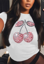Women Summer Cherry Print Round Neck Short Sleeve T-Shirt