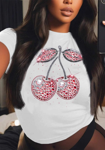 Women Summer Cherry Print Round Neck Short Sleeve T-Shirt
