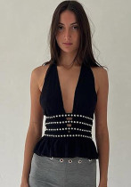 Women Summer Studded V Neck Halter Neck Vest Sexy Hollow Backless Top