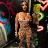 Women Spring and Summer Leopard lace Suspender Wave Edge Top and Knee-Length Shorts Two Piece Set
