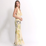 Women Spring Summer Sexy Backless Halter Neck Top Print Long Skirt Three-Piece