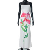 Women Spring and Summer Strapless Flower Print Off-shoulder Bodycon Pleated Maxi Dress