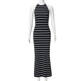 Women Summer Backless Lace-Up Stretch Stripe Halter Neck Dress