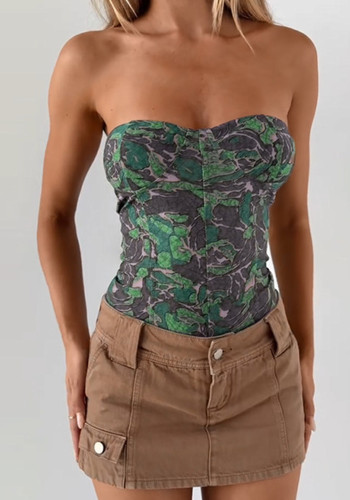 Women Summer Printed Sexy Strapless Basic Waist Top