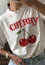 Women Summer Cherry Print White Round Neck Short Sleeve T-Shirt